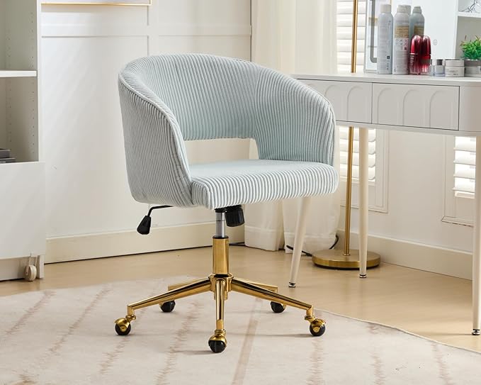 KCC Home Office Chair Swivel Desk Chair Accent Armchair Upholstered Modern Tufted Chairs with Gold Base for Girls Women Ergonomic Study Seat Computer Task Stools, with Wheels, Corduroy,Light Blue