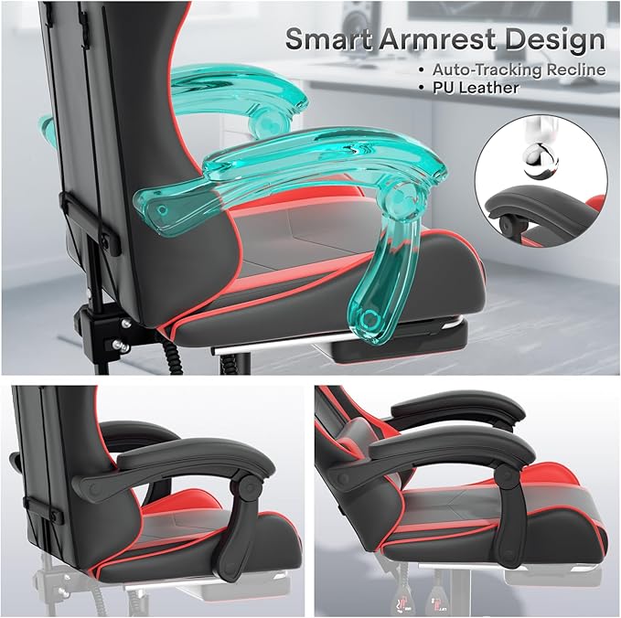 Athena Collection Ergonomic Gaming Chair with Footrest & Headrest Lumbar Support, Height Adjustable Swivel Office Chair Reclining Game Chair Leather High Back Computer Chair for Adults Kids, Red