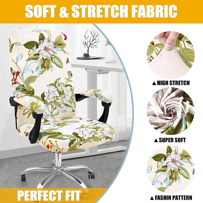 Smiry Stretch Printed Computer Office Chair Cover with Armrest Covers, Soft Fit Universal Removable Washable Desk Rotating Chair Slipcovers, Anti-Dust Spandex Protector with Zipper, Beige and Green