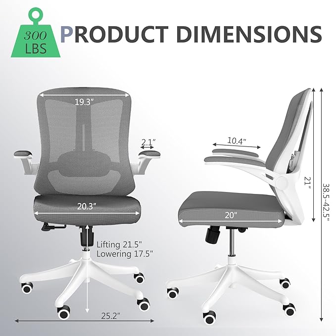 350 LBS Ergonomic Office Computer Mesh Chair - Adjustable Height Rolling Desk Chair with Flip-Up Armrests & High Back Support - Comfortable Swivel Task Chair for Home Office (02GREY)