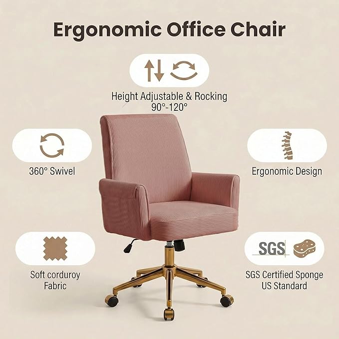 Striped Velvet Office Chair, 360° Swivel Ergonomic Task Chair with High Back, Gold Base and Wheels, Height Adjustable Modern Accent Chair for Home Office, Living Room, Study, Vanity (Dark Pink)