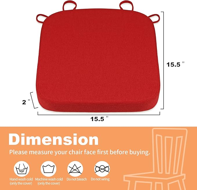 SINOSSO Memory Foam Chair Cushions for Folding Chairs 6 Pack, Thickened 2" Square Pads with Ties for Kitchen Chairs, Indoor Non-Slip Dining Chair Seat Cushions (Set of 6, Red)
