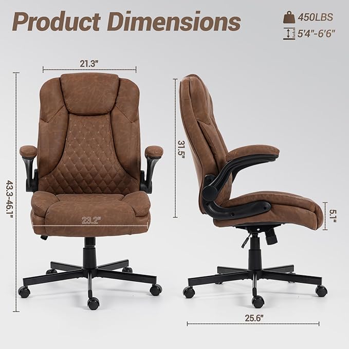 450 LBS Big and Tall Office Chair w/Flip Up Armrest, Comfy Heavy Duty Executive Chair, Extra Wide Seat Ergonomic Computer Home Office Desk Chair w/Rocking Function, Lumbar Support - Brown