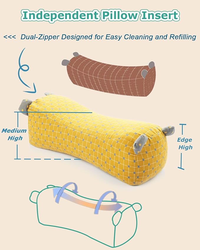 Buckwheat Roll Pillow for Neck Support, Adjustable Buckwheat Bolster Pillow, Firm Support Neck Roll Pillow for Side and Back Sleepers, Cylinder Pillows with Pillowcase, Yellow 16" x 6"