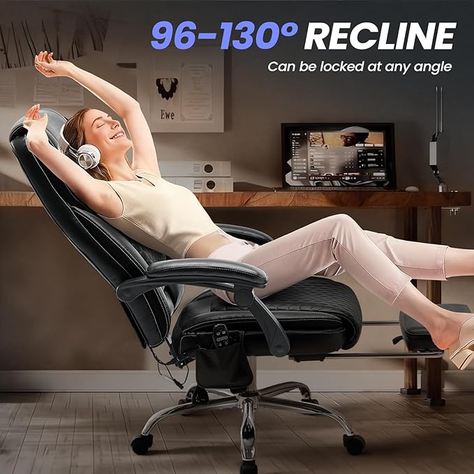 MALOL Massage Office Chair with 3-Level Heat and Footrest – 20-Min Easy Assembly, 300 lbs Big and Tall Desk Chair, PU Leather Ergonomic Executive Computer Chair with Side Pocket, Black,Set of 2