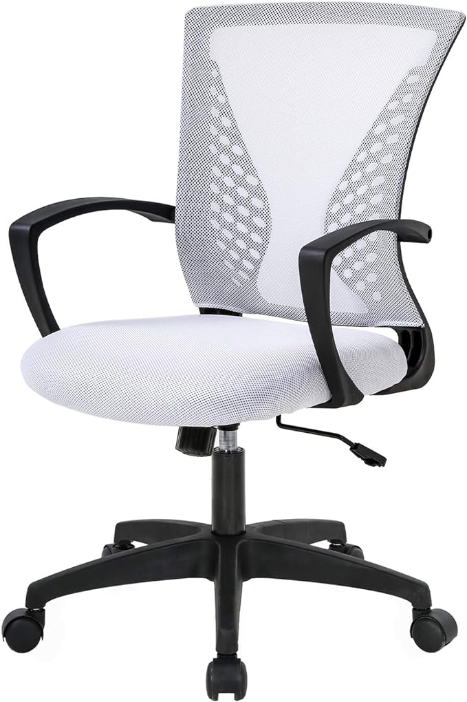 Home Office Chair Mid Back PC Swivel Lumbar Support Adjustable Desk Task Computer Ergonomic Comfortable Mesh Chair with Armrest (White)