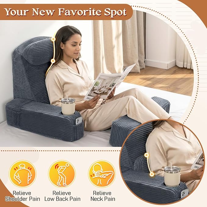 Reading Pillow/Backrest Pillow with Arms, Cup Holder & Phone Pocket - Bed Rest Pillow with Adjustable Headrest, Corduroy Fabric for Back Support in Bed/Sofa/Floor (Gray, 19 INCH)