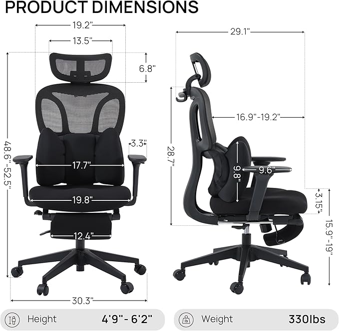 CabLady S1 Petite Ergonomic Home Desk Chair with Footrest and Headrest, High Back Fixed Lumbar Support with Detachable Pillow, Reclining Cute Office Chair for Women & Girls, 300 LBS Capacity