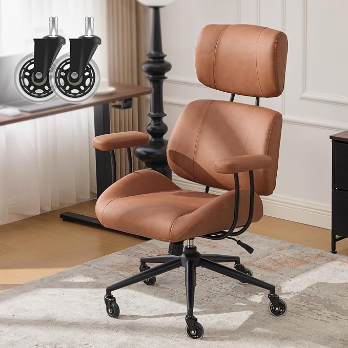 Office Chair, Ergonomic Computer Chair with Adjustable Headrest and Lumbar Support, Executive Leather Chair with Padded Arms, High Back Desk Chairs for Long Hours Sitting,Brown