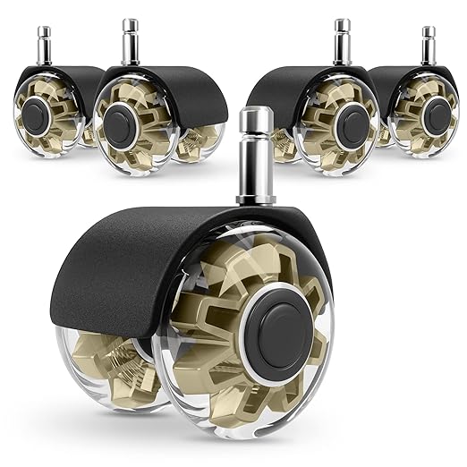 Office Chair Caster Wheels (Set of 5),Heavy-Duty Chair Wheels Support 2200lbs,Mute Rubber Chair Casters for Hardwood Floors and Carpet,2 Inch Universal Fit (Gold)