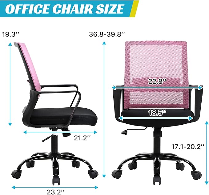 Ergonomic Office Chair, Breathable Mesh Desk Chair, Swivel Computer Chair with Wheels & Adjustable Height & Comfort Seat for Home Office, Gaming Room, Pink
