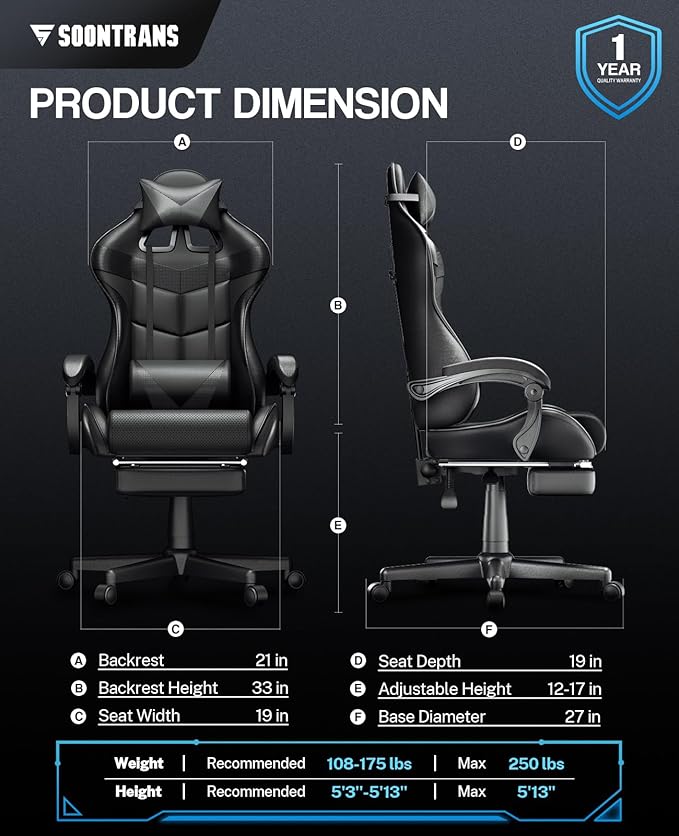 Soontrans Black Gaming Chairs with Footrest, Ergonomic Gamer Chair, Home Office Chair,PC Computer Chair with Headrest and Lumbar Support(Dark Black)