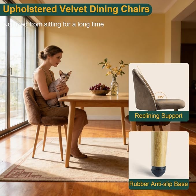 Lightdot Dining Chairs Set of 2, Velvet Comfort Seats, Medieval Modern Living Room Chair, Padded Kitchen Chair with Wood Legs and Padded Chair for Bedroom, Easy to Assemble, Brown