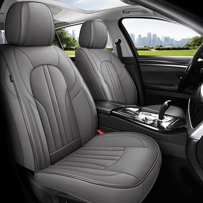 MINGBRON Car Seat Covers Front Seats, Comfortable Leather Car Seat Covers, Waterproof Front Seat Covers for Cars, Luxury Automotive Seat Protecor Covers for Most Sedans SUV Pick-up Truck (Gray)