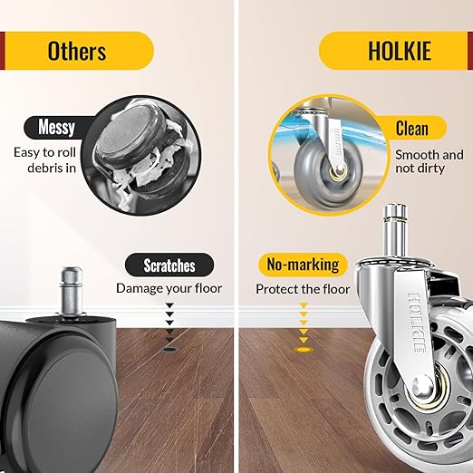 HOLKIE Gaming Chair Wheels - Silent Roller Blade Casters for Esports Rig Replacement - Heavy Duty 11x22mm - Smooth 360° Stealth Glide for Hardwood & Carpet - Set of 5 Silver