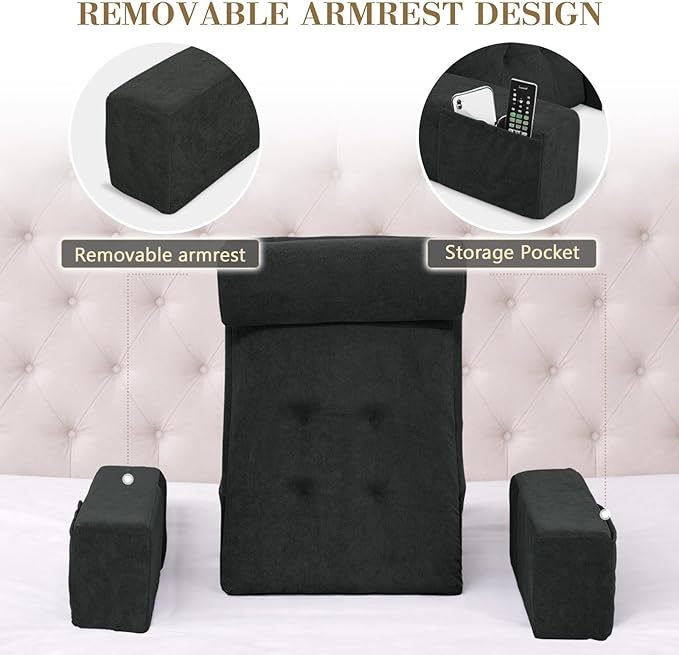 Back Pillow for Bed Sitting Up, Upright Pillows for Sleeping & Lumbar Relief, Dual-Layer Back Support Pillow with Adjustable Headrest, Black