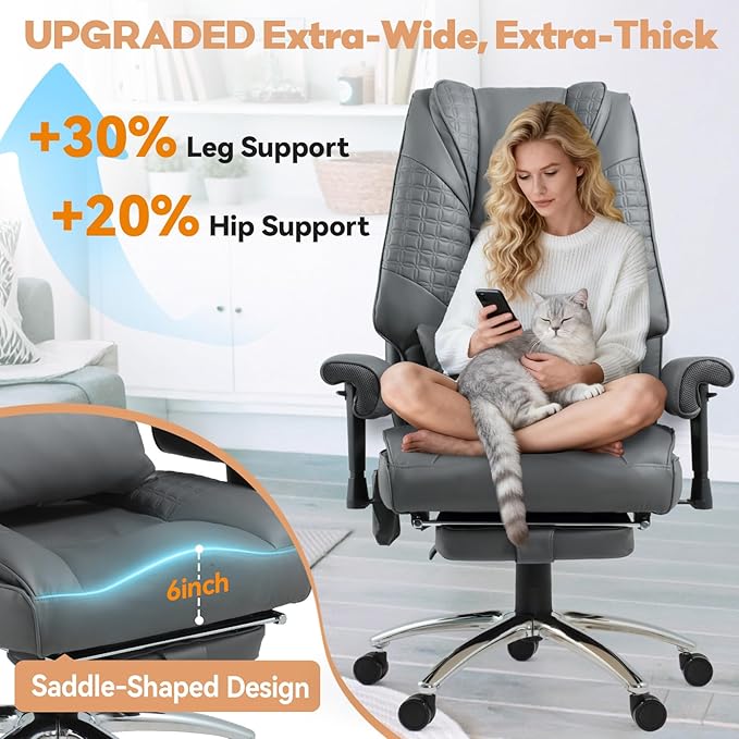 Massage Office Chair with Foot Rest, Ergonomic Executive Heated Office Chair with Reclining Backrest, Adjustable Arms and Lumbar Support, High Back Leather Desk Chairs for Home Office, Gray