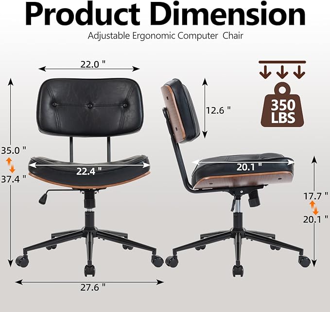 Walnut Armless Modern Office Desk Chair with Wheels, PU Leather Adjustable Height Swivel Rolling Task Chair, Ergonomic Criss Cross Legged Computer Chair(Black)