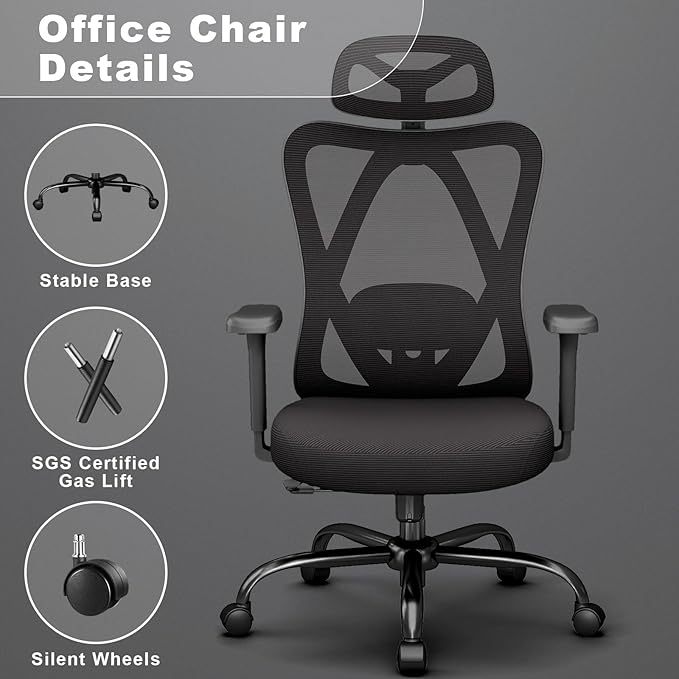 Ergonomic Office Chair with Adjustable Lumbar Support, High Back Mesh Computer Desk Chairs with 3D Headrest and Armrest, Rocking Function, for Home, Office, Black