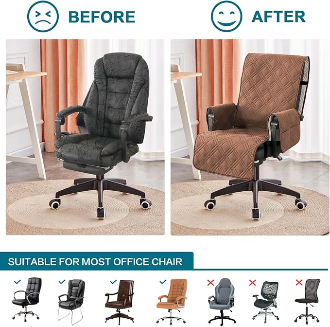 Turquoize Waterproof Office Chair Cover with Armrest Covers Durable Computer Desk Chair Cover with Arms Quilted Office Chair Seat Cover Slipcover with Anti-Slip Buckle for Home Office, Terracotta