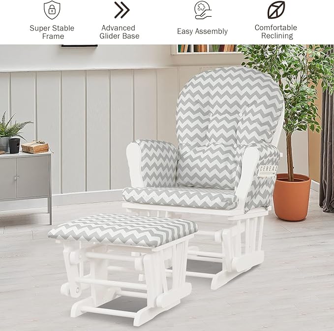 Costzon Nursery Glider with Ottoman, Upholstered Comfort Glider Rocker with Padded Cushion, Storage Pocket, Solid Wood Base, Rocking Chair Nursery for Breastfeeding, Napping (Gray and White)