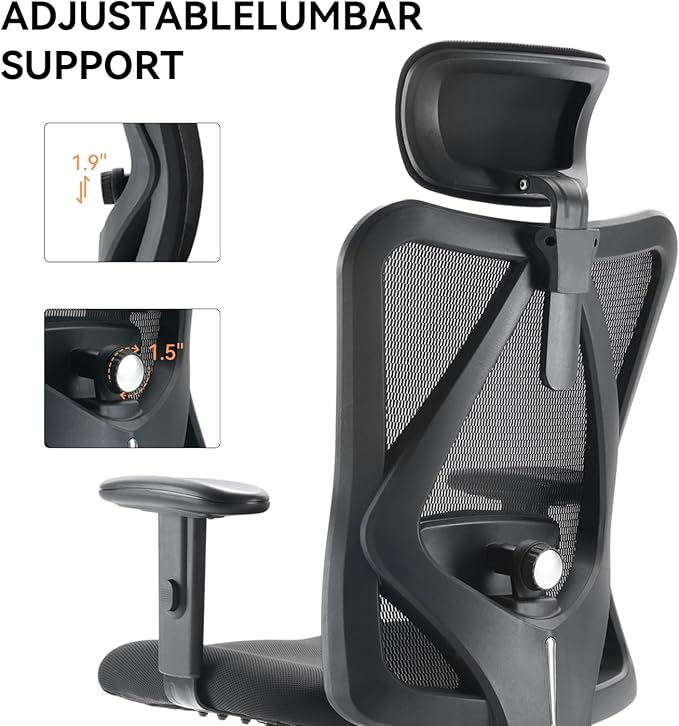 XUER Ergonomic Office Chair, Mesh Computer Desk Chair with Adjustable Sponge Lumbar Support, Thick Cushion, PU Armrest and Headrest, High Back Swivel Home Office Task Chair for Work (Black)…