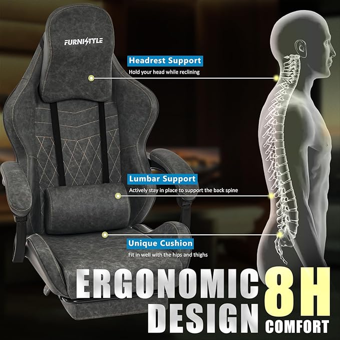 Gaming Chair Video Game Chairs with Large Headrest, Linkage Armrests, Retro PU Leather Ergonomic Computer Chair for Gaming or Office, Grey