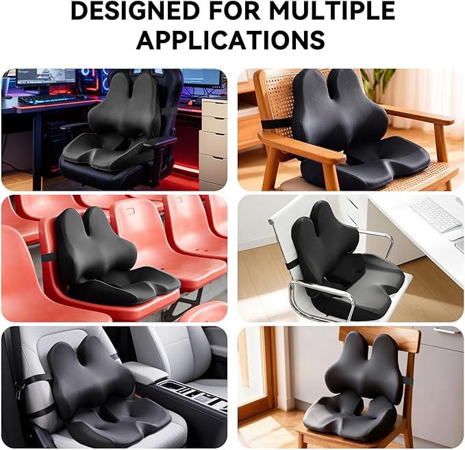 Seat Cushion Lumbar Support Pillow Set with Adjustable Fixed Strap, Memory Foam Coccyx Pad for Tailbone & Sciatica Pain Relief, Chair Cushions Back Support for Car, Office, Desk, Wheelchair