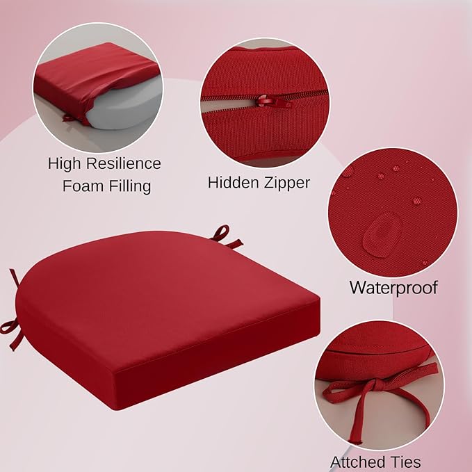 idee-home Outdoor Chair Cushions Set of 4, Thick 17" x 17" Outdoor Seat Cushions Patio Furniture Waterproof with Ties, Dining Pads
