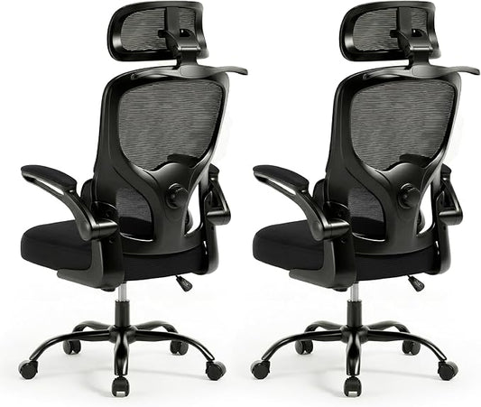 2PCS Ergonomic Office Chair Mesh Back Chairs - High Back Computer Chair with 3D Adjustable Headrest & Flip-up Arms, Set of 2 Comfort Desk Chair Lumbar Support for Home & Gaming