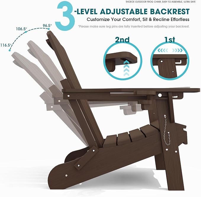 THOEOE Adjustable Adirondack Chair with Retractable Ottoman, HDEP Folding Adirondack Chairs with Footrest 2-in-1 Cup Holder, All Weather Outoor Fire Pit Chair with Foot Rest Set 2 Brown