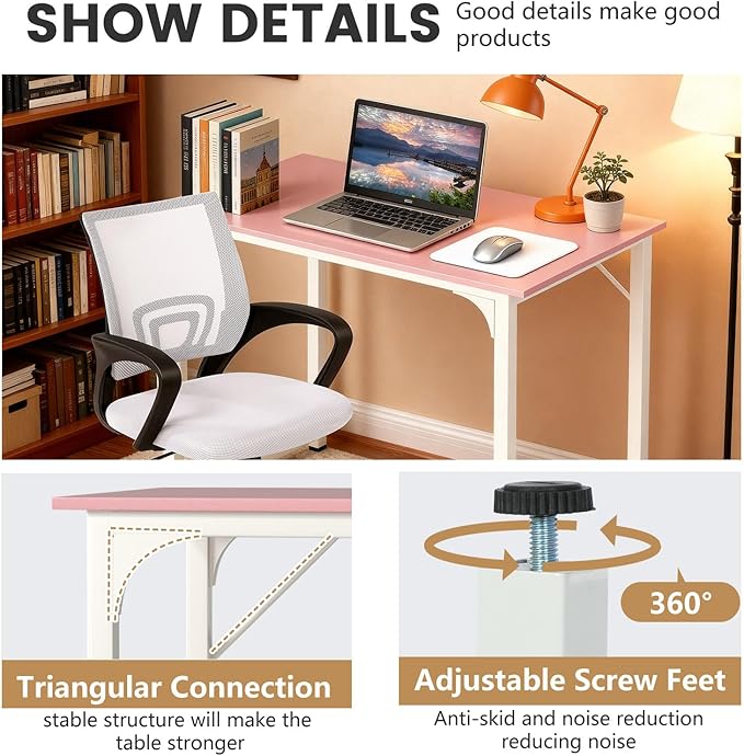 PayLessHere 32 Inch Home Office Desk and Chair Set,32 Inch Computer Desk with Ergonomic Height Adjustable Office Chair for Home Office,Pink&White