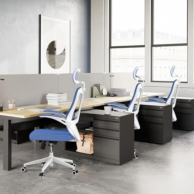350 LBS Ergonomic Office Computer Mesh Chair - Adjustable Height Rolling Desk Chair with Flip-Up Armrests & High Back Support - Comfortable Swivel Task Chair for Home Office (03BLUE)