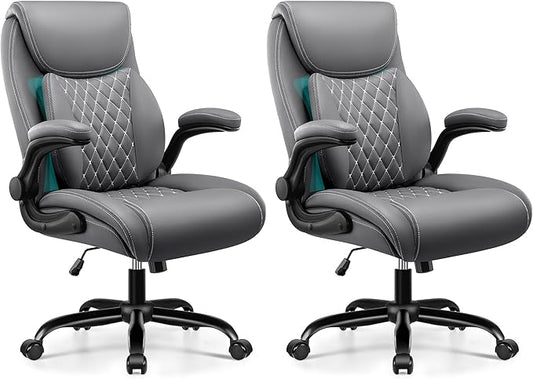 BESTFAIR Office Chair, Ergonomic Computer Desk Chairs with Lumbar Support for Lower Back Pain Relief, Executive Leather Home Chair Comfy with Padded Flip-up Armrests, Gray, 2-Pack