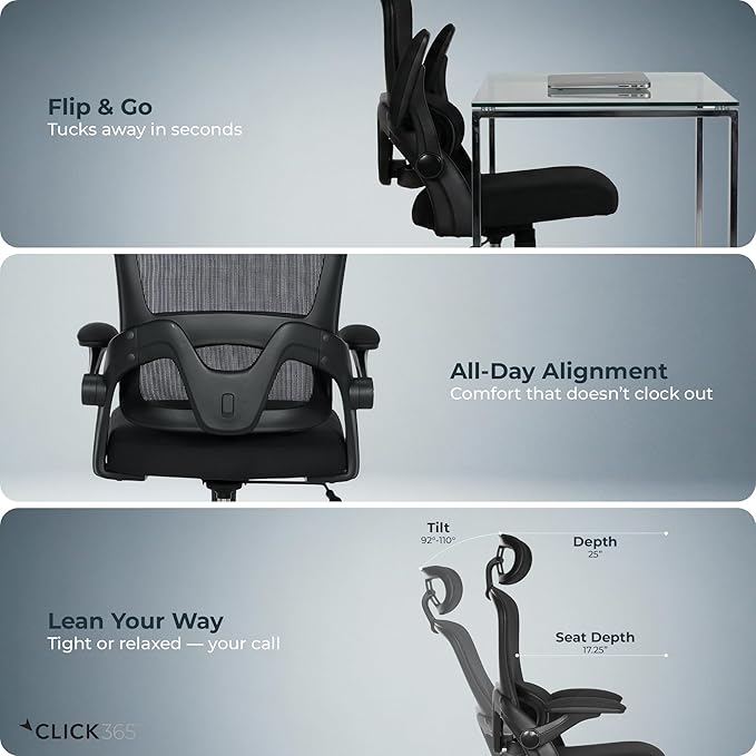 AeroCore M320 Ergonomic Office Chair, High Back Breathable Mesh Computer Chair with Lumbar Support, Adjustable Headrest & Tilt, Flip-Up Arms, 360° Swivel Home Office Desk Chair, Black