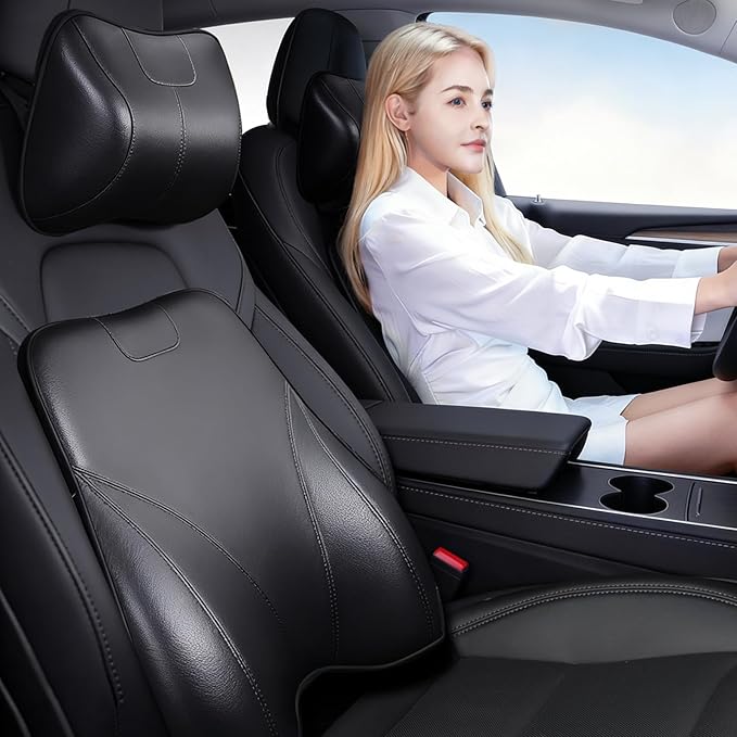 Memory Foam Car Headrest Neck Pillow Lumbar Support Cushion for Tesla Model Y/3/X/S BMW X3 X5 Lexus TX350 NX350 350h RX350 Volvo XC60 XC90 for Long Trips Driving Home Office(Black)