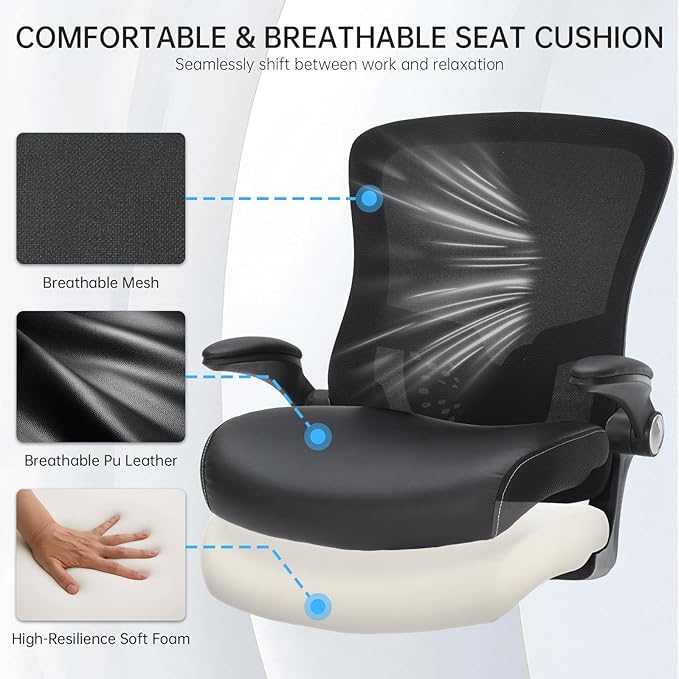 Office Chair, Ergonomic Desk Chair with Adjustable Lumbar Support Breathable Mesh Computer Swivel Chair with Flip up Armrests & PU Leather Cushion, Comfy Task Chair for Home Office, Black