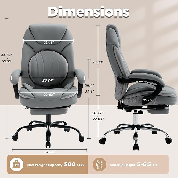 Ergonomic Fully Reclining Office Chairs with Back Support Footrest, PU Leather Wide Seat Comfortable Recliner Office Desk Chair with Leg Rest, Grey