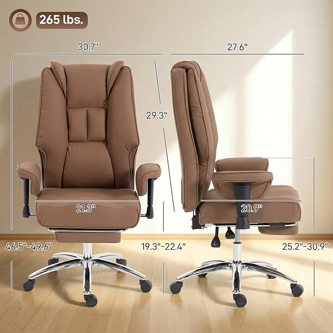 HOMCOM Ergonomic Executive Office Chair with Foot Rest, Reclining Swivel Computer Desk Chair with Adjustable Armrests, Spring Seat, High Back, Thick Cushion, Pet Friendly Faux Leather, Brown