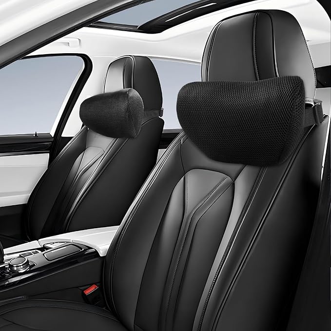 Car Neck Pillow, Memory Foam Headrest Pillow for Driving with Adjustable Strap, Soft Breathable Removable Mesh Cover, Ergonomic Design for Office Chair and Driving, Black