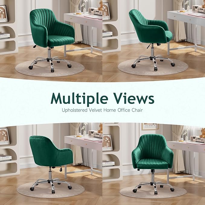 Warmiehomy Desk Chair, Velvet Office Chair, Comfy Reading Chair for Home Office, Women Luxe Computer Vanity Chair for Bedroom, Emerald Green