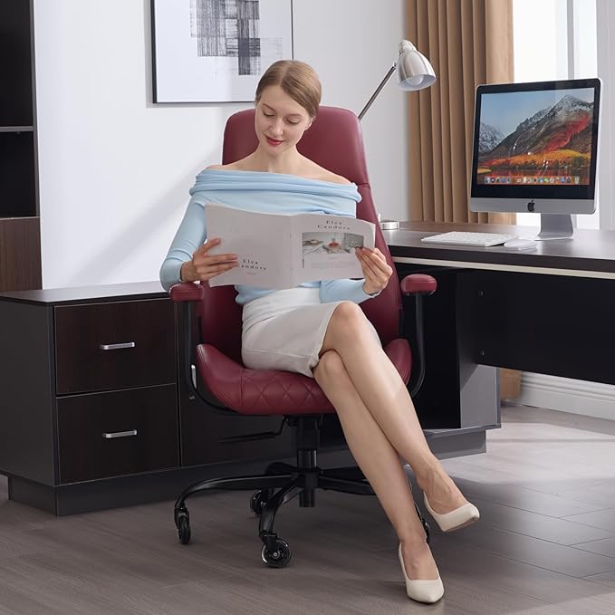 E-Motie Office Chair with Rubber Wheels, Ergonomic Computer Chair 500 lbs, Leather Desk Chair with Lumbar Support, Executive Chair Adjustable Height & Recline, Red