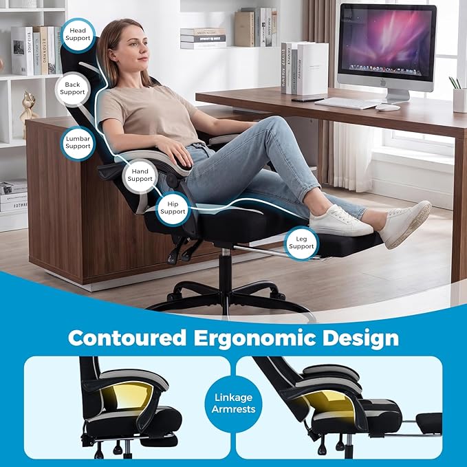 Goplus Gaming Chair, Ergonomic Office Chair with Foot Rest, Lumbar Support, Linkage Armrests, Detachable Headrest, 360°Swivel Computer Desk Chair w/Adjustable Backrest & Height, 330 lbs Capacity