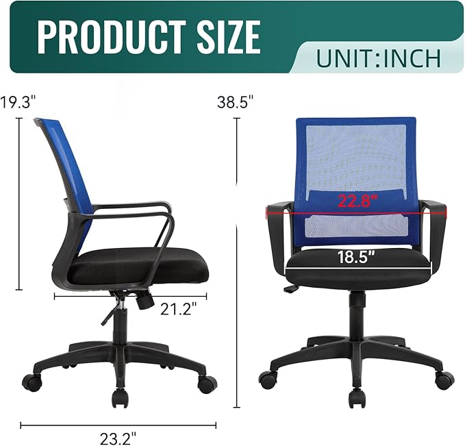 Office Chair Ergonomic Desk Task Chair Mesh Computer Chair Mid-Back Mesh Home Office Swivel Chair Modern Executive Chair with Wheels Armrests Lumbar Support (Blue)