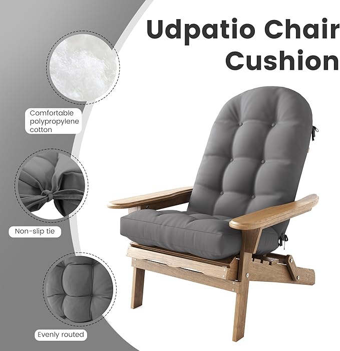 UDPATIO Adirondack Chair Cushion Set of 2 with Ties, Fade-Resistant High Back Outdoor Seat Cushions for Patio, Deck, Porch, Rocking Chairs & Lawn Furniture (Upper & Lower Lumbar Support)，Dark Grey