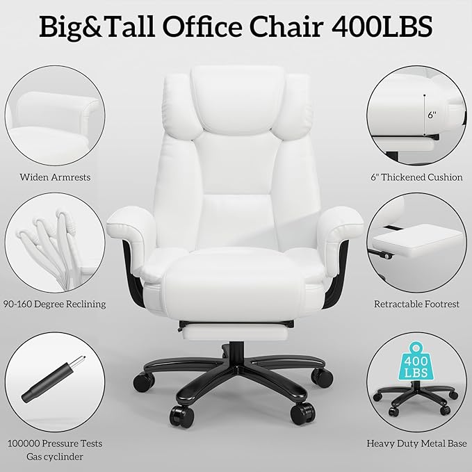 GYI 160° Reclining Office Chair with Footrest, Big and Tall High Back Home Office Chair, Leather Computer Desk Chair with Cross Legged Seat, Arms, Wheels, White