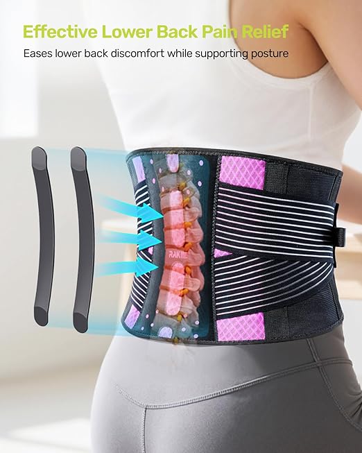 Rakiie Slim Back Brace for Lower Back Pain Relief, Lightweight & Breathable Back Support Brace for Men Women, Ergonomic Light Lumbar Support for Everyday Wear, Pink M