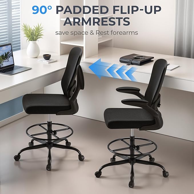 Devoko Ergonomic Drafting Chair with Flip-up Armrests,Executive Tall Office Chair Standing Chair with Lumbar Support and Adjustable Footrest Ring for Standing Desk(Black)