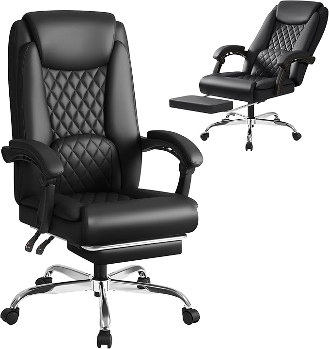 Shahoo Big and Tall Office Chair Height Adjustable Faux Leather Chair with Footrest and Lumbar Support, Ergonomic High Back Computer Chair with 360° Swivel Wheels Task Chairs for Office Home, Black