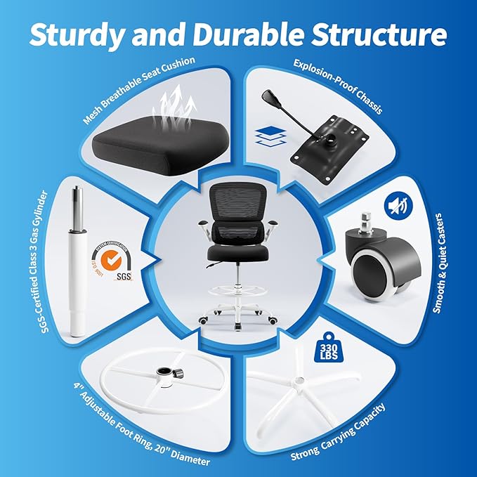 TRALT Drafting Chair - Tall Office Chair with Adjustable Footrest Ring and Lumbar Support Ergonomic Tall Desk Chair - Mesh Stangding Desk Chair with Flip-Up Armrests for Home and Work (Black White)